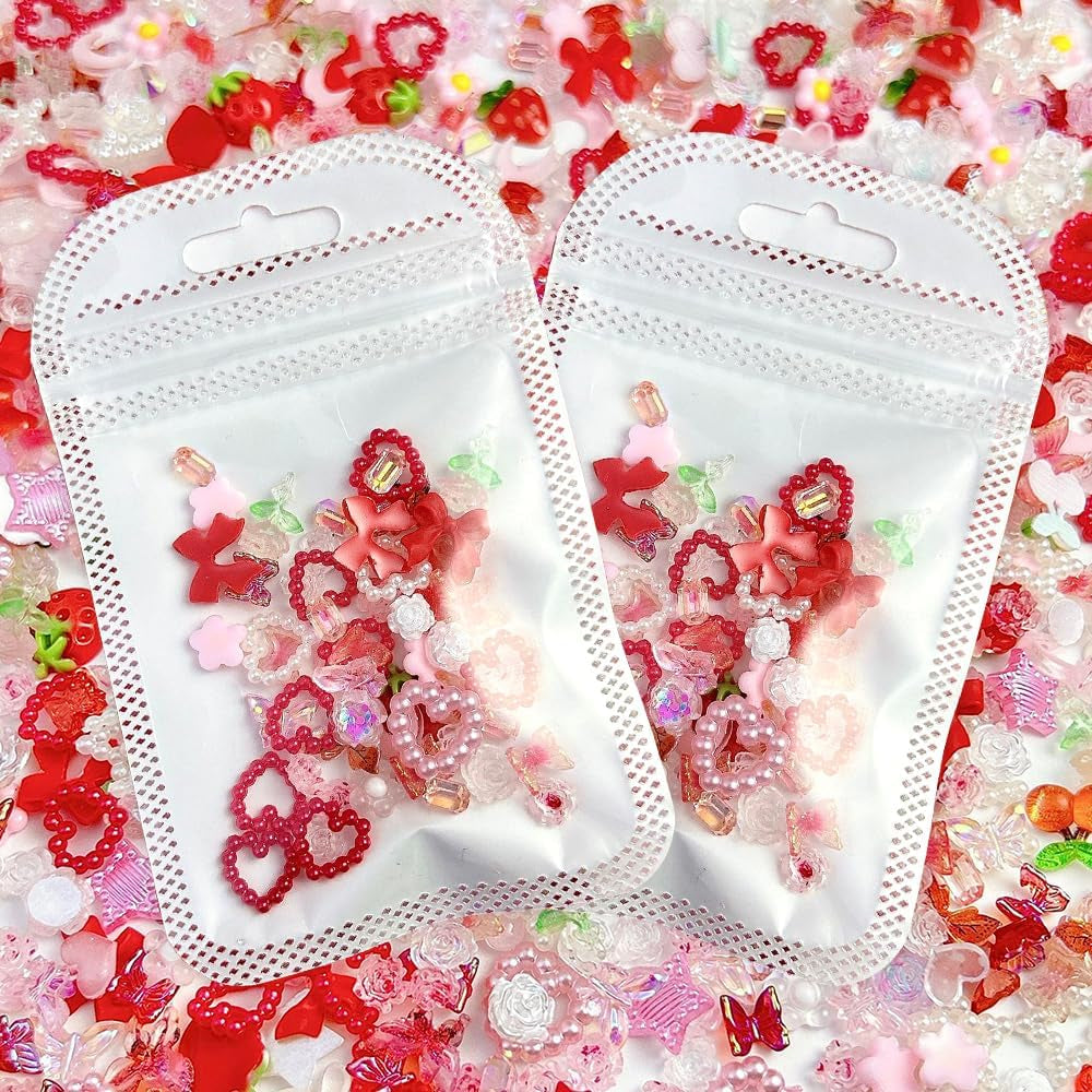 100 Uds. Dijes de uñas 3D Rosa Rot Kirsche Erdbeere Blume Nagel Charms Kamelie Rose Schmetterling Nail Art Charms Flatback Herz Schleife Charms Nägel Zubehör Mond Stern Nagelschmuck Nageldesign Anhänger