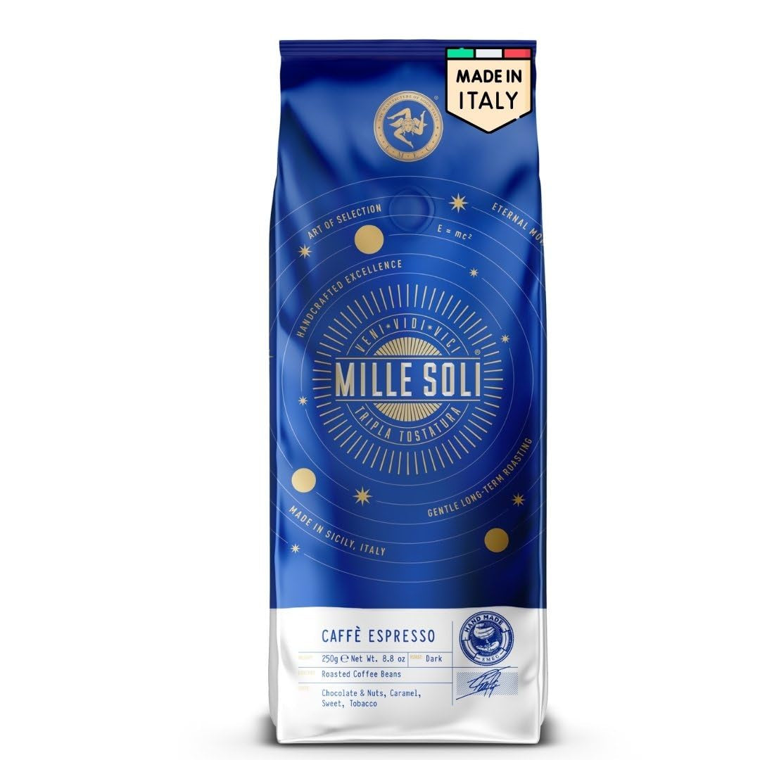 Café en Grano Caffè Espresso - Tostamiento Tradicional en Sicilia - Café en Grano Premium, Bolsa de 250g, para Máquinas Totalmente Automáticas y Portafiltro