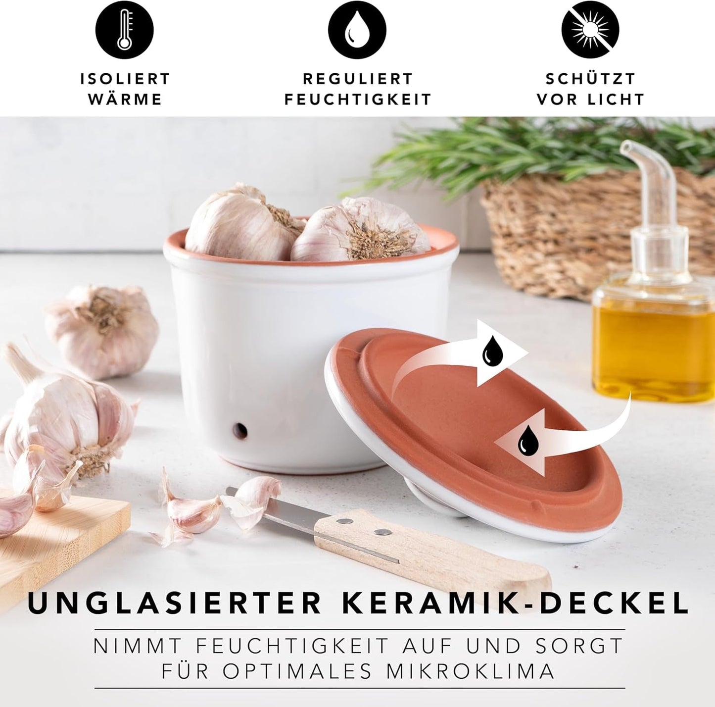 Römertopf Fresh Pot MINI 0,6 litros - Olla de cerámica para ajos - La arcilla transpirable mantiene las verduras frescas durante más tiempo - Circulación de aire ideal - Cajas de almacenamiento de alimentos blancas Naty Shop