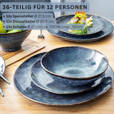 Sanger | Juego de vajilla Tokyo de 36 piezas Juego de vajilla de porcelana para 12 personas Vajilla moderna hecha a mano en color azul oscuro con detalles en negro | LA COLECCIÓN PREMIUM
