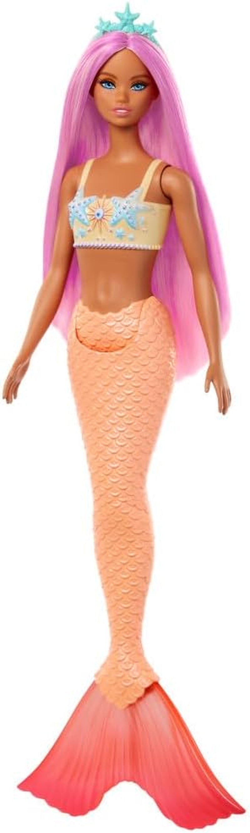 Muñeca Barbie Sirena con Diadema y Pelo Elegante Rosa y Lila, Top de Concha y Aleta Cola Azul Lavanda, HRR06 Naty Shop Muñecas Sirena con Aleta Naranja