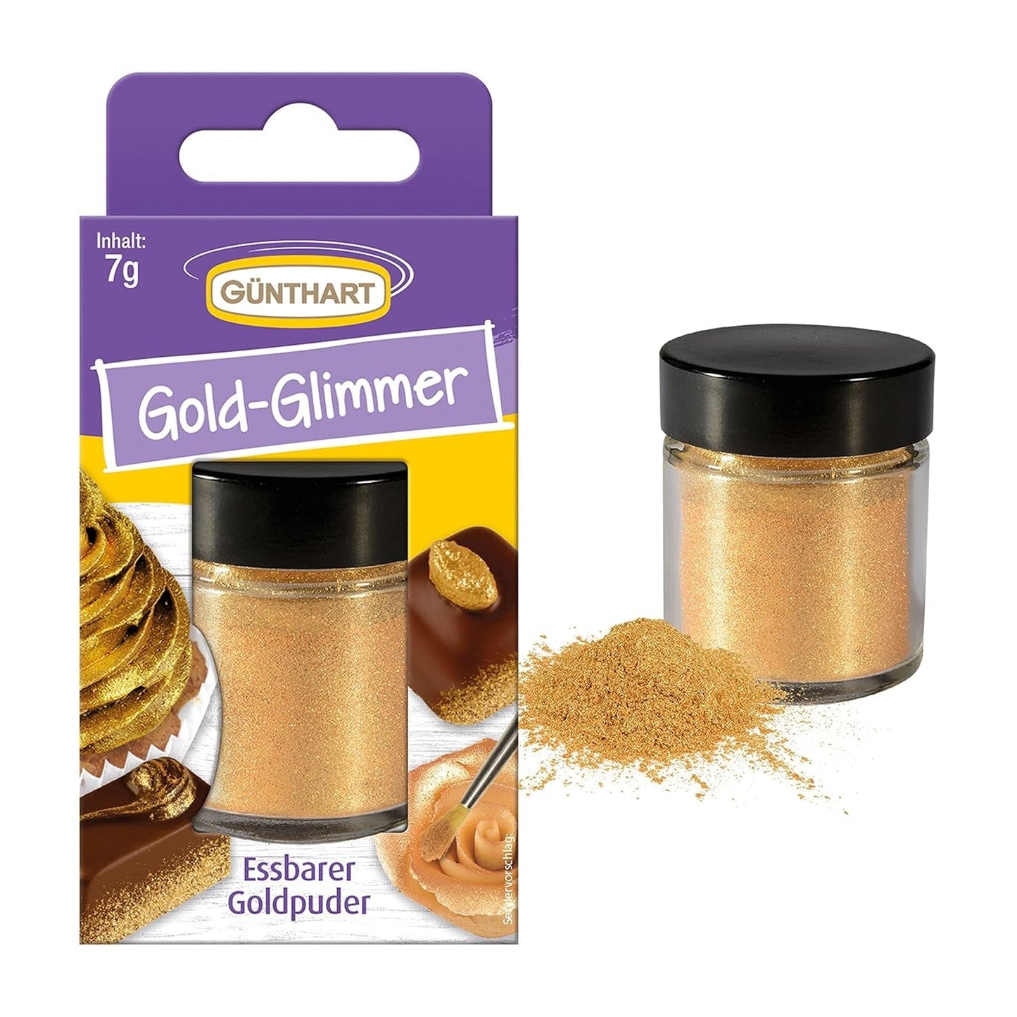 Günthart Backdecor Gold Powder - Purpurina comestible, colorante alimentario en polvo, purpurina para bebidas - Purpurina pequeña con polvo dorado para amantes de la repostería, 1 paquete (1 x 7 g)