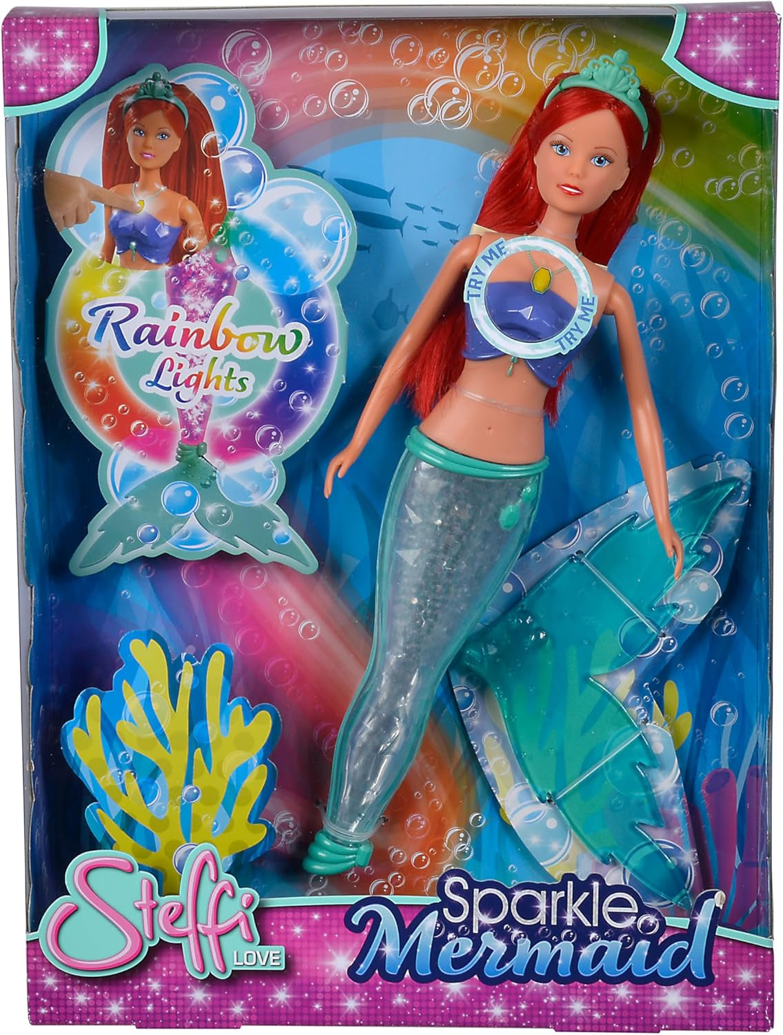 Simba 105733656 - Steffi Love Muñeca Sirena Brillante (39 cm) - Sirena Brillante Que Cambia de Color Arco Iris Luminoso Juguete Impermeable para Niños de 3 años en adelante