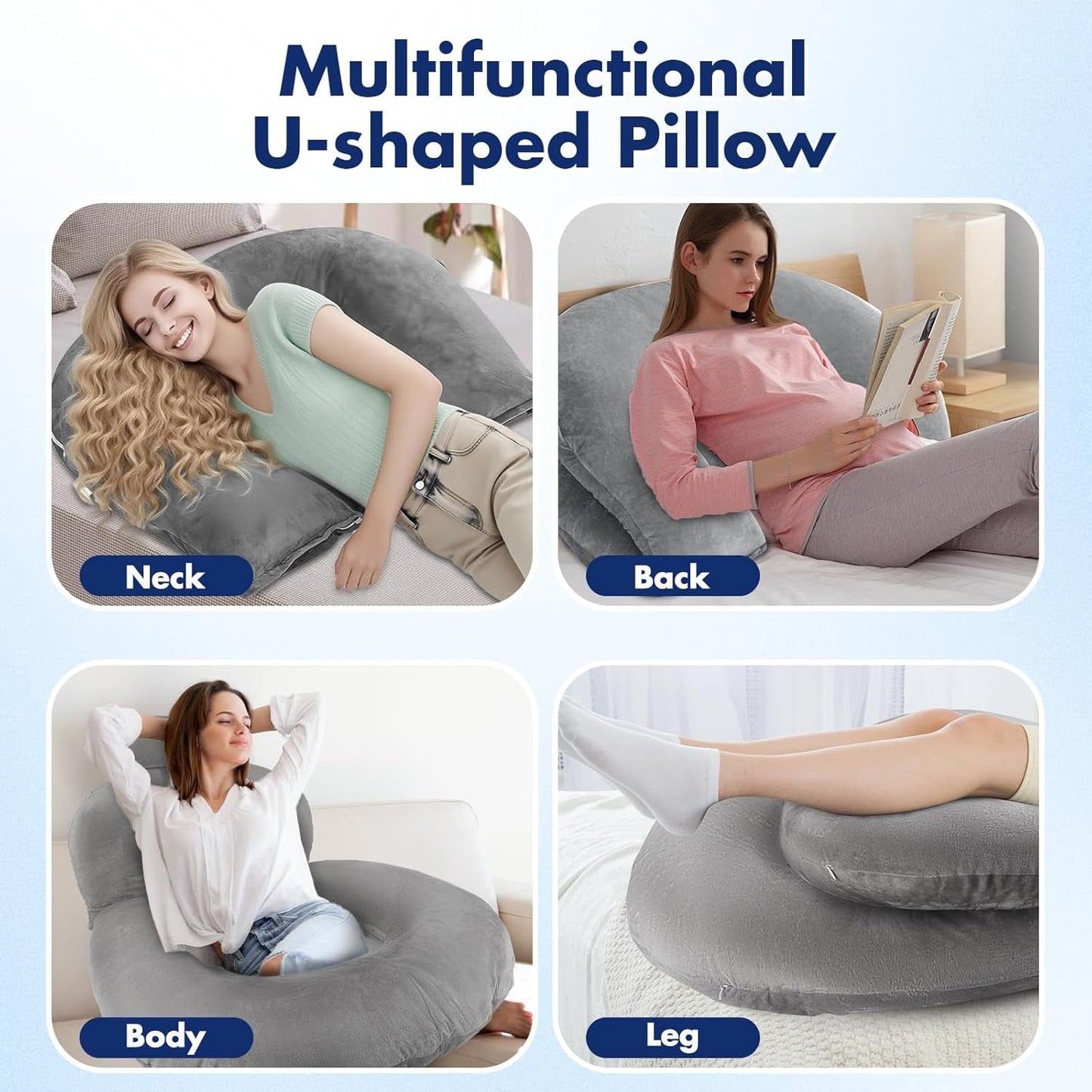 Almohada de lectura, almohada de espalda en forma de U con almohada para el cuello, almohada de juego gris, almohada para leer, jugar, trabajar, descansar
