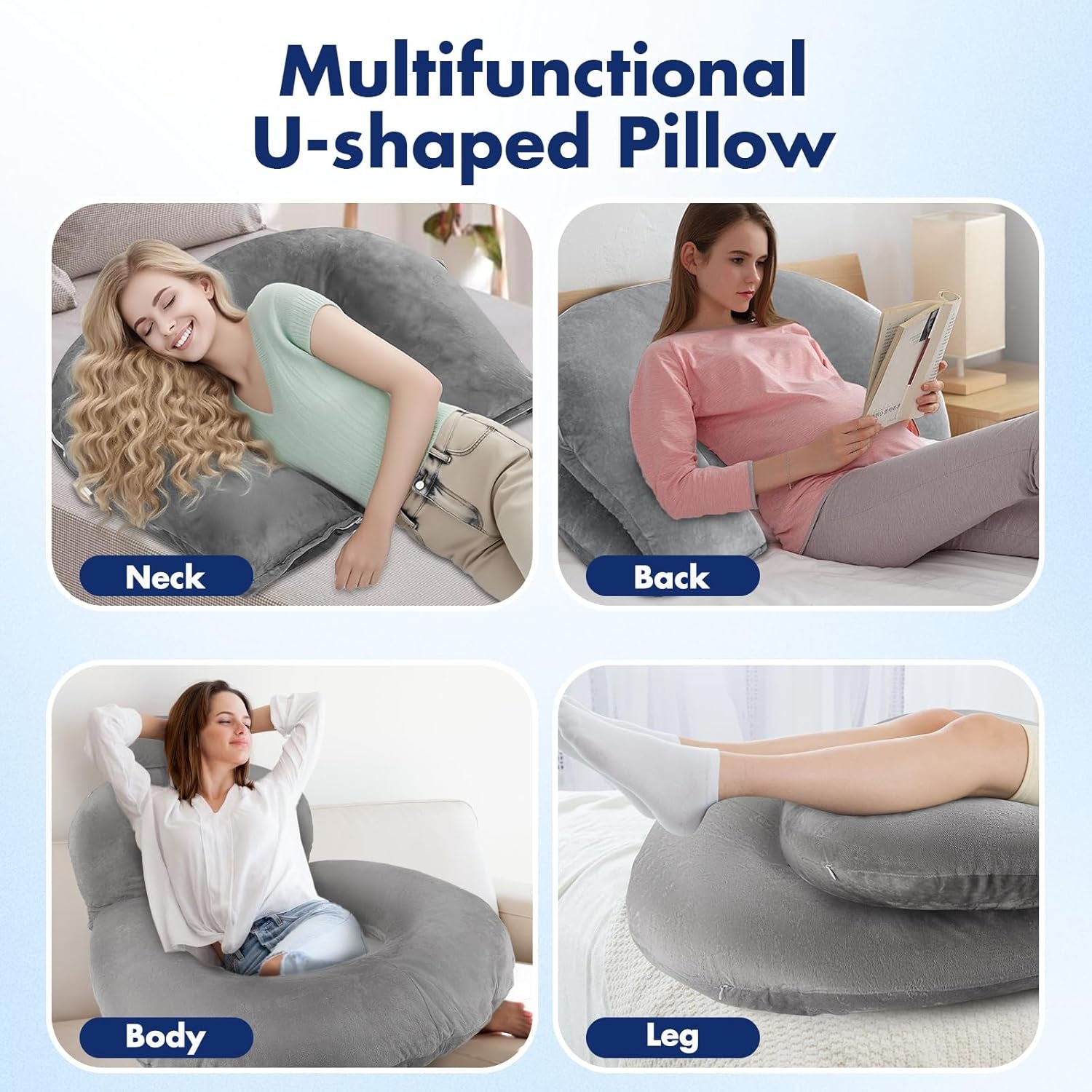 Almohada de lectura, almohada de espalda en forma de U con almohada para el cuello, almohada de juego gris, almohada para leer, jugar, trabajar, descansar