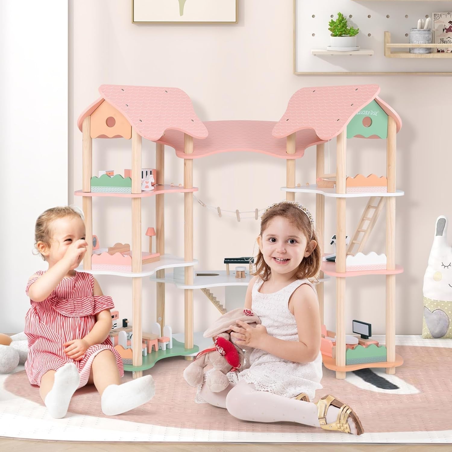 FANTASK Casa de Muñecas de Madera, Casa de Muñecas de 85 cm de Alto 7 Habitaciones con 32 Muebles y Accesorios, Casa de Muñecas con Escalera de Cuerda, Casa de Muñecas Regalo para Niñas de 3 Años (Modelo 3) Naty Shop Casas de Muñecas