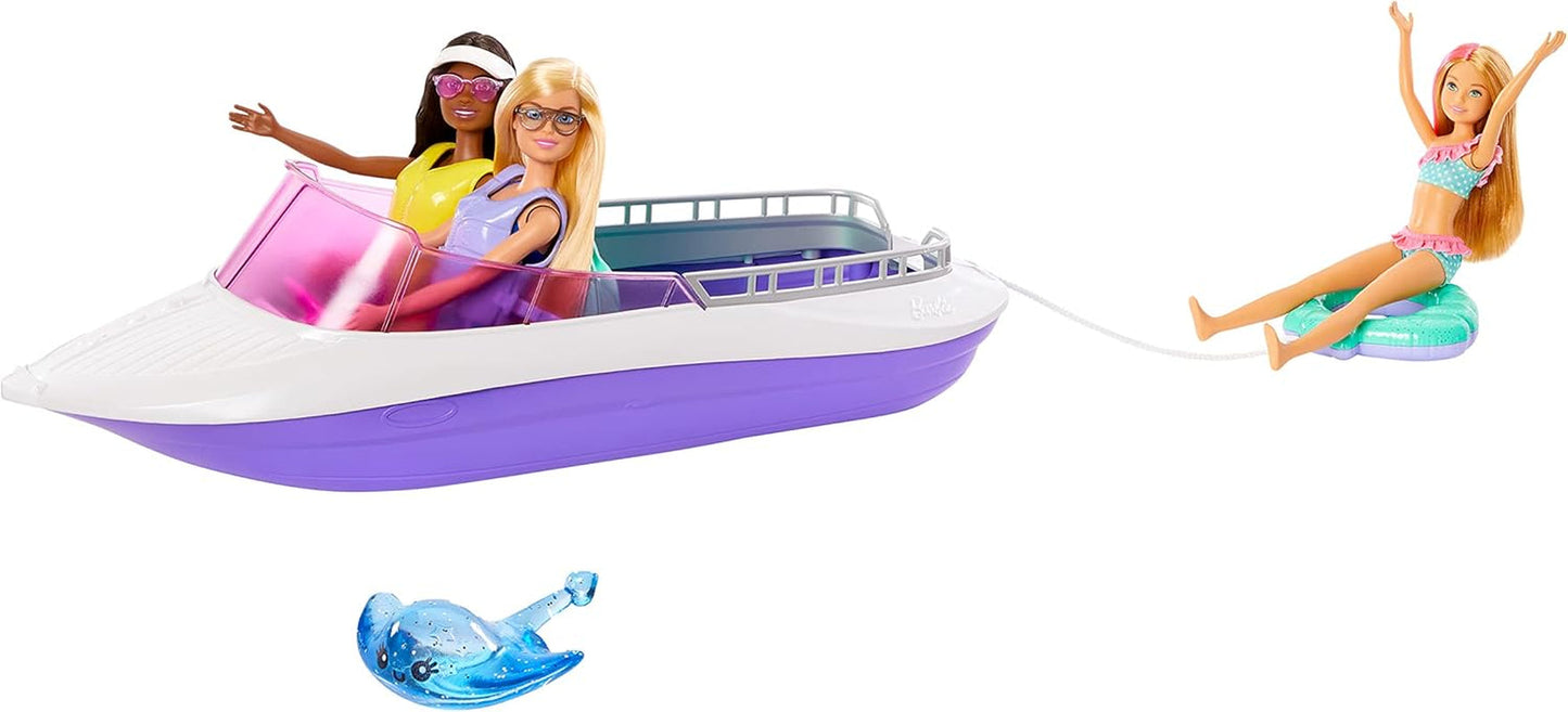 Barbie HHG60 - Barco a Motor Sirena con 2 Muñecas (Rubia/Morena) y Varios Accesorios, Juguete para Niños a Partir de 3 Años