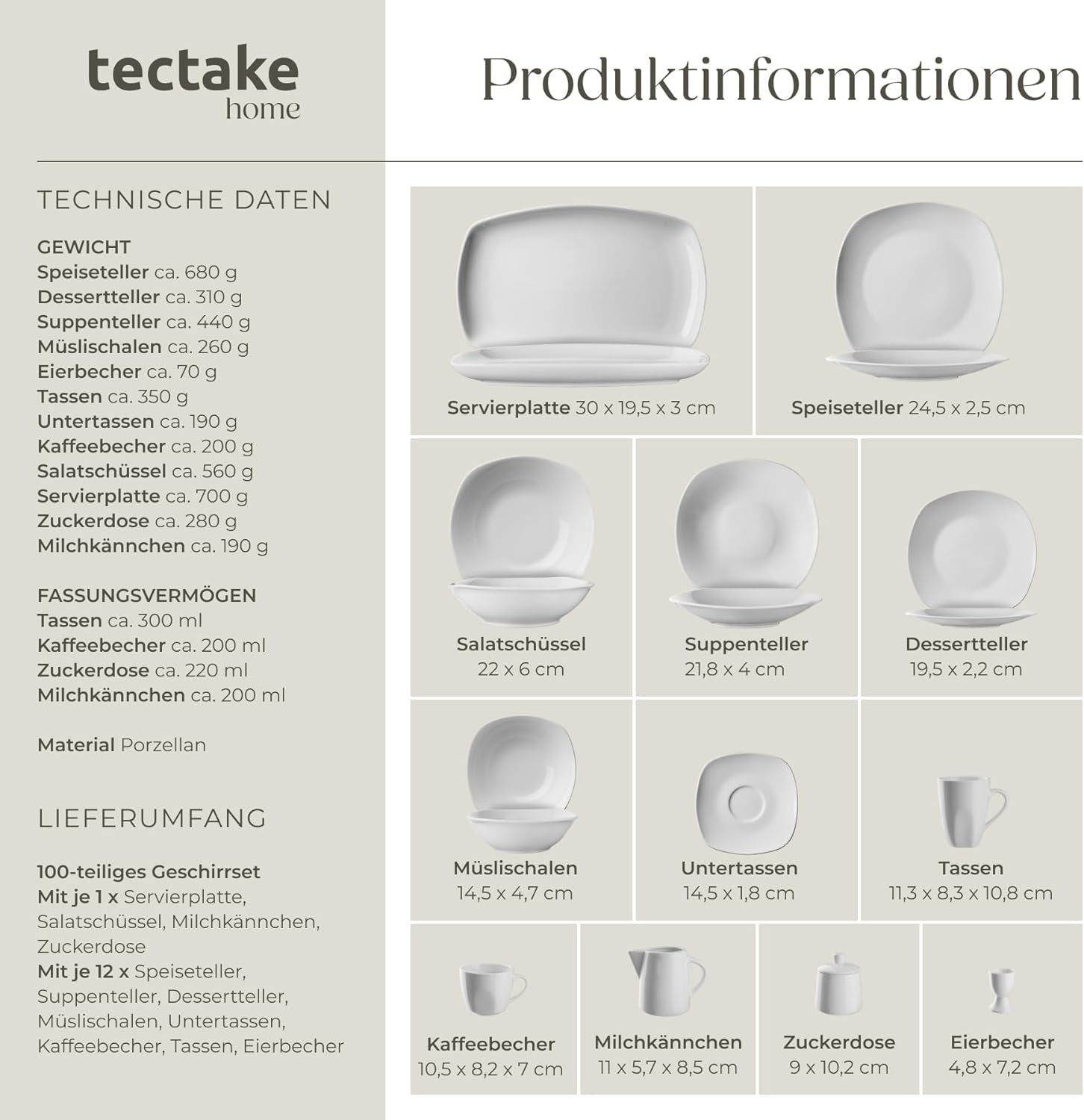 tectake® Vajilla para 12 personas, vajilla de porcelana de 100 piezas, incluye 12 platos, 12 platos de postre, 12 platos llanos, 12 tazas, 12 cuencos de cereales, ensaladera, lechera y azucarero