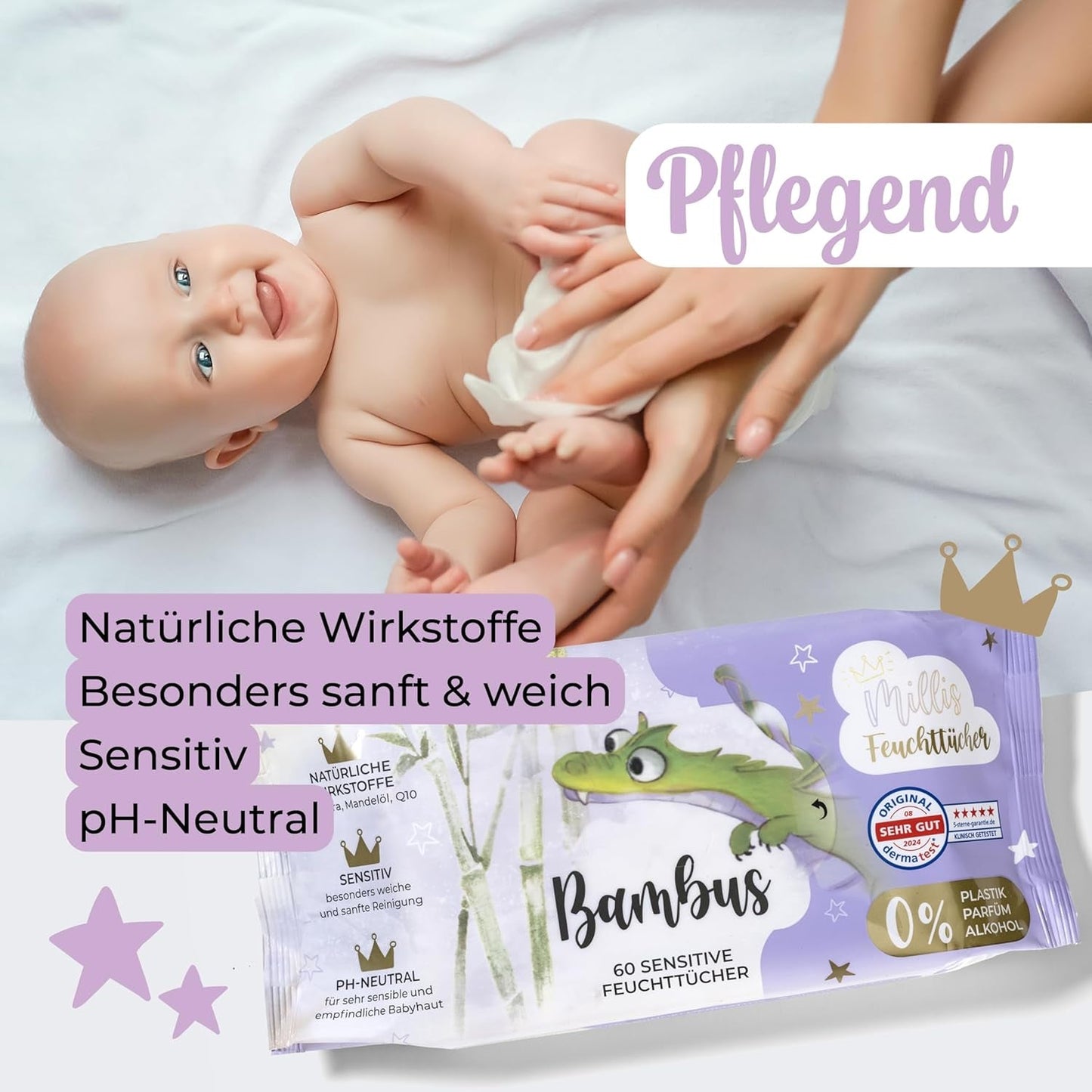 Millis Bamboo Baby Toallitas húmedas sensibles para la delicada piel del bebé - 5 x 60 piezas - Limpieza natural, suave y sostenible - Toallitas húmedas biodegradables, sin plástico y sin alcohol