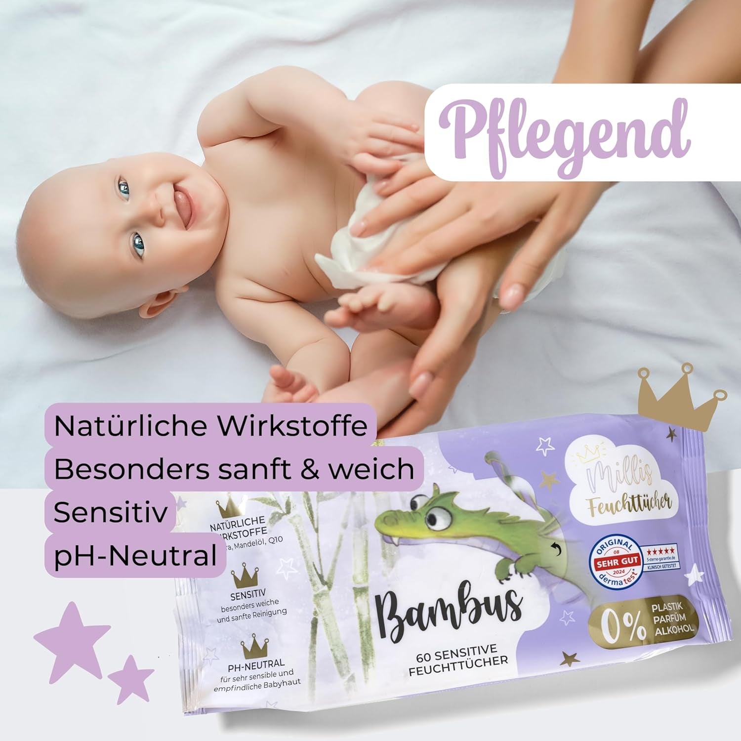 Millis Bamboo Baby Toallitas húmedas sensibles para la delicada piel del bebé - 5 x 60 piezas - Limpieza natural, suave y sostenible - Toallitas húmedas biodegradables, sin plástico y sin alcohol