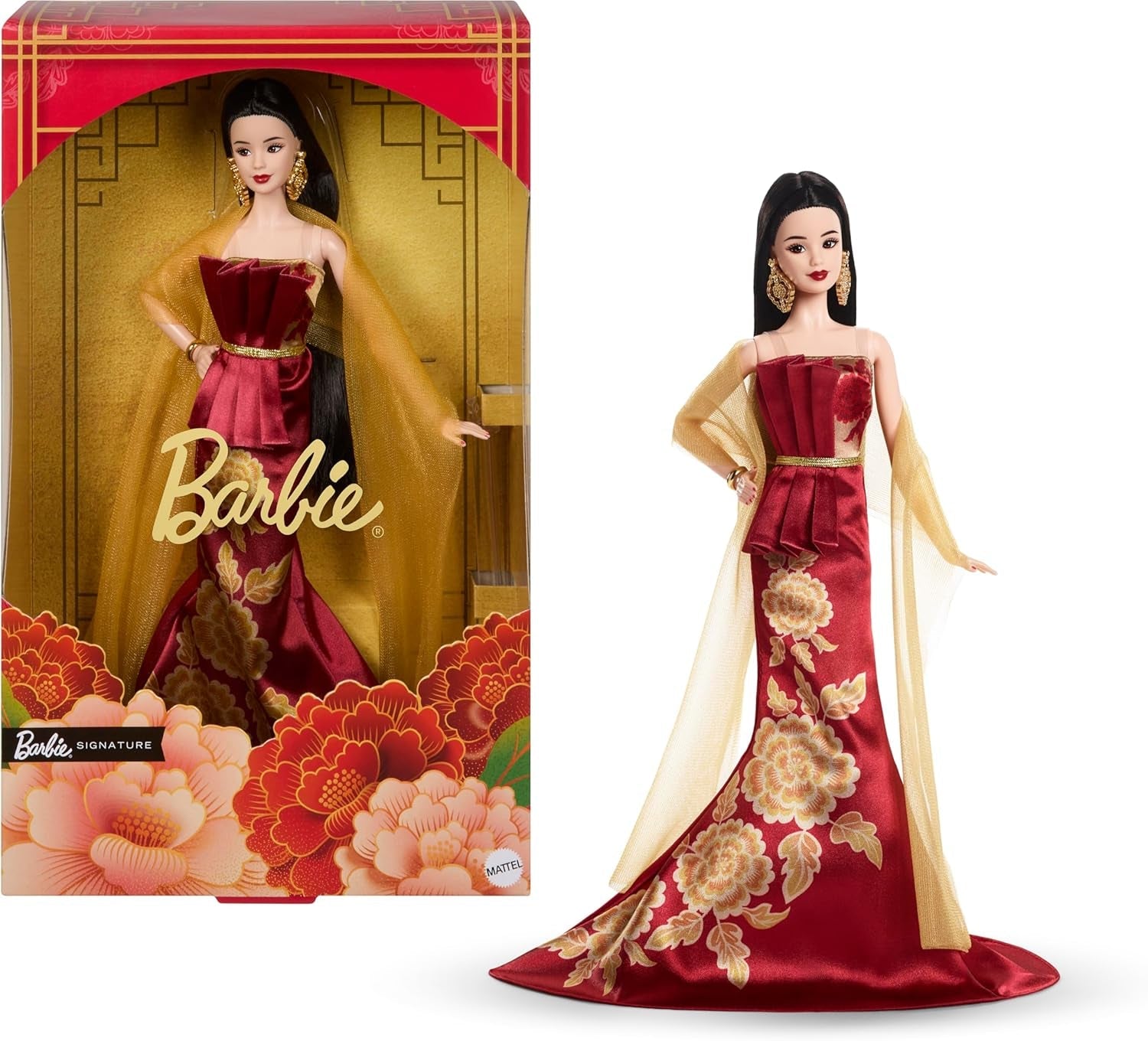 Muñeca Barbie Signature del Año Nuevo Lunar con vestido rojo y juguete de colección de peonías doradas JJX83
