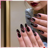 24 piezas de uñas postizas rojas y negras, pegamento en uñas postizas, pegamento en las uñas, puntas de uñas en forma de almendra, cubierta completa, uñas postizas, juego de uñas postizas rojas y negras