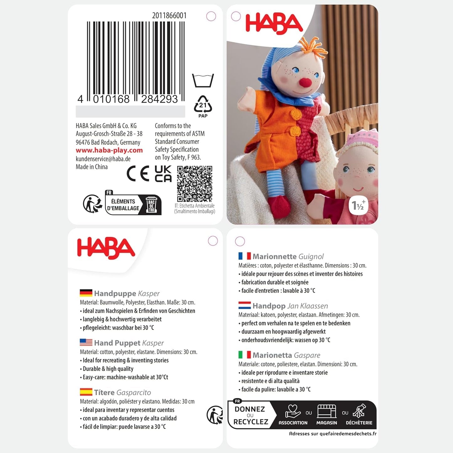 Marioneta de mano HABA Kasper – A partir de 18 meses, Lavable a 30°C, Ideal para juegos de títeres y de rol, teatro de marionetas – 2011866001