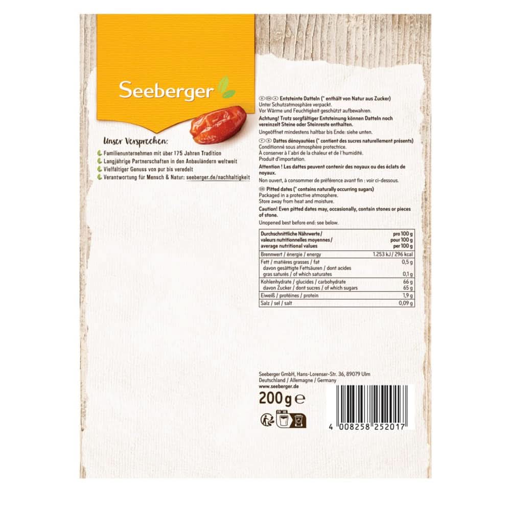 Seeberger Dátiles dulces con miel, de pulpa cremosa, 13 x 200 gramos Productos deshidratados Naty Shop