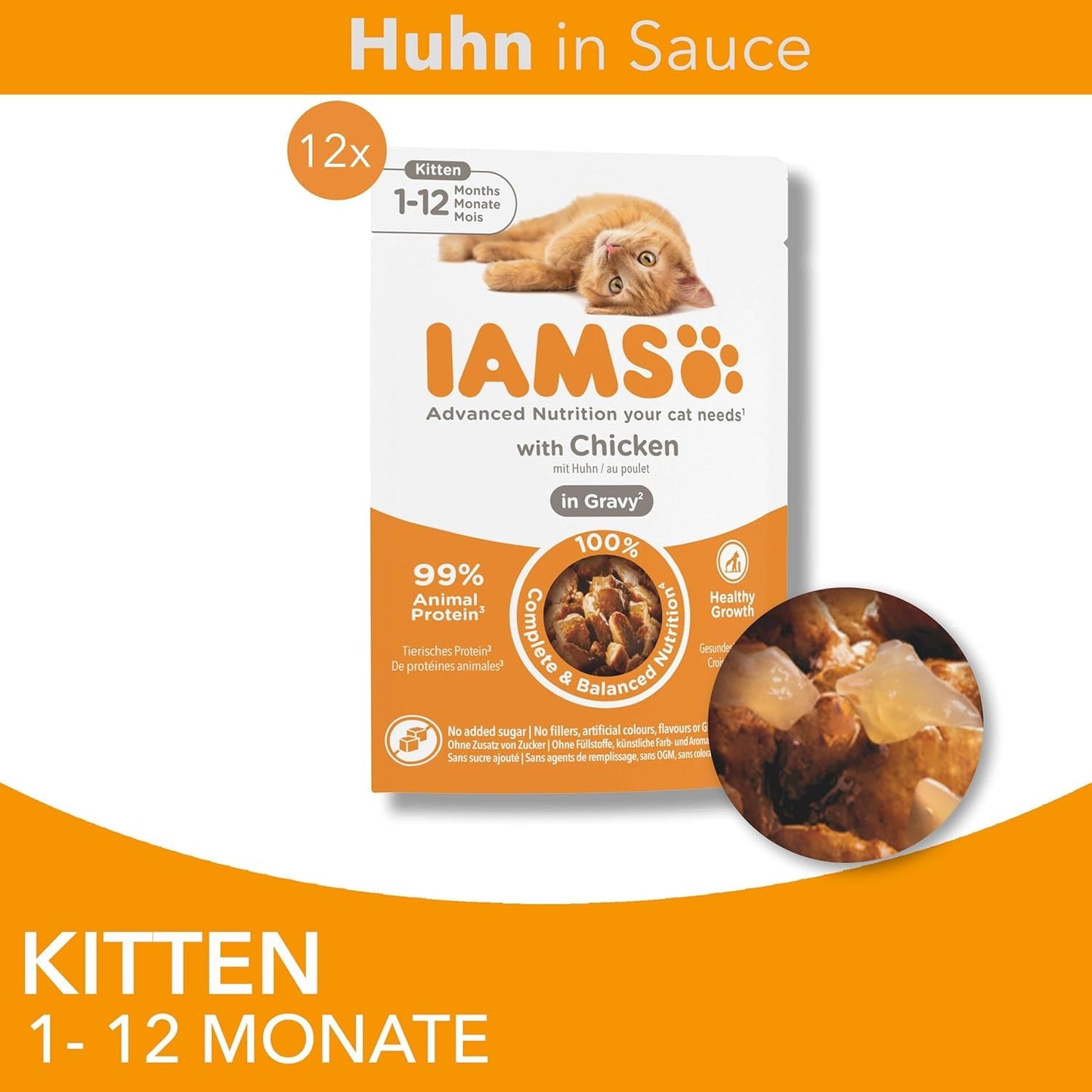 IAMS Delights Kitten Nassfutter - Multipack Katzenfutter mit Hunn in Sauce, Futter de alta calidad para niños pequeños de 1 a 12 meses, 12 x 85 g