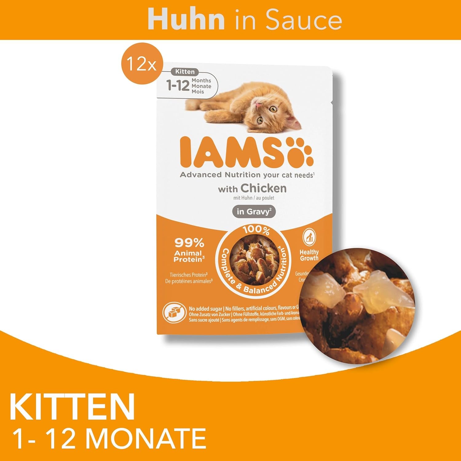 IAMS Delights Kitten Nassfutter - Multipack Katzenfutter mit Hunn in Sauce, Futter de alta calidad para niños pequeños de 1 a 12 meses, 12 x 85 g