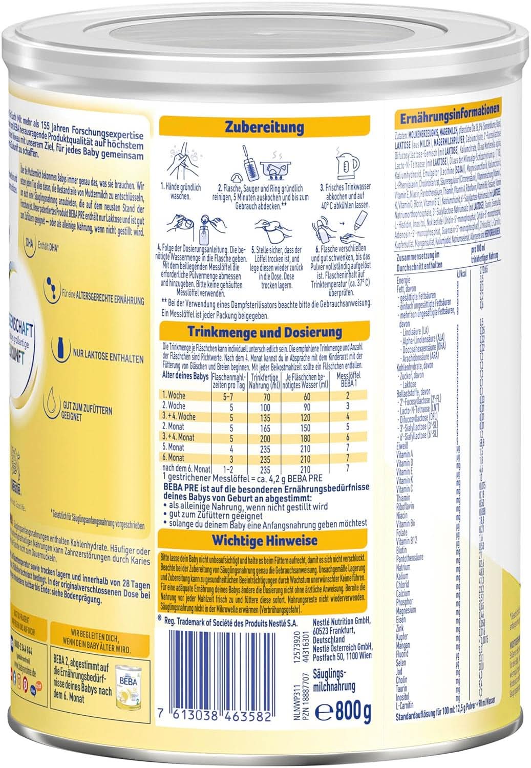 BEBA PRE Leche Inicial desde el Nacimiento, Papilla con DHA, Solo Lactosa, Sin Aceite de Palma, Pack 3 (3 x 800g) Naty Shop