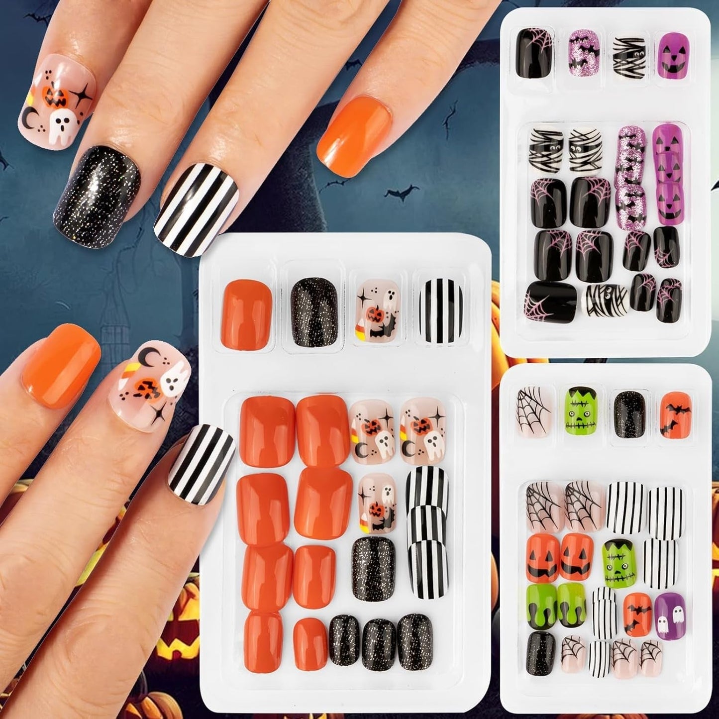72 piezas de uñas de Halloween, uñas postizas autoadhesivas, uñas artificiales cortas, uñas prensadas autoadhesivas, uñas postizas autoadhesivas, puntas de uñas artificiales, naranja, verde, negro