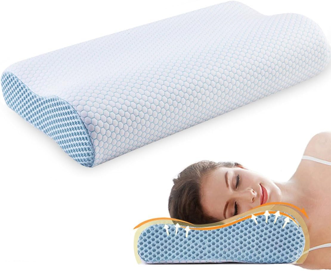 Almohada Viscoelástica Almohada, Almohada de Soporte para el Cuello, Almohada Ergonómica para el Cuello para Diferentes Posiciones para Dormir con Funda Extraíble Almohadas Ortopédicas Cervicales Naty Shop Azul y Blanco