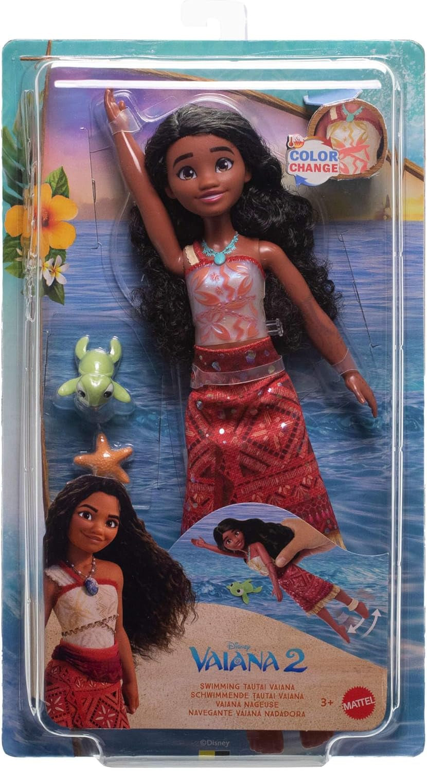 Mattel Toys Disney Moana 2 Tautai Moana Muñeca de moda para nadar con 2 accesorios, parte superior y piernas que cambian de color para movimientos de natación inspirados en la película JFF09