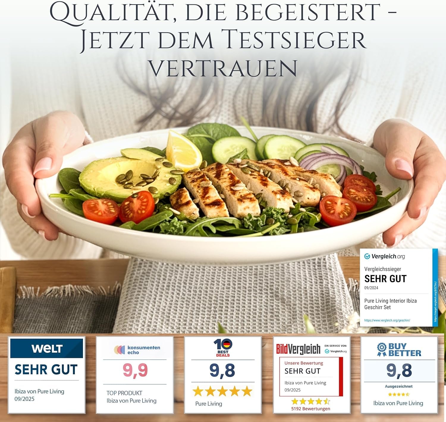 Vajilla para 12 personas de gres cerámico de 48 piezas, diseño Ibiza, GANADORA DE LA PRUEBA. Precioso juego de vajilla mediterránea de gres cerámico que incluye cuencos y platos. Juego de vajilla Pure Living, color beige.