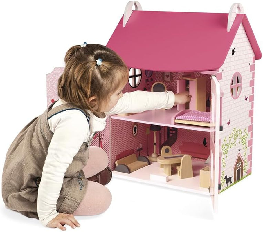 Janod - Casa de Muñecas Mademoiselle de Madera, 3 Pisos y 11 Accesorios, Réplica de Juguete, Desarrolla la Imaginación, A partir de 3 años, J06581, Rosa Naty Shop Casas de Muñecas