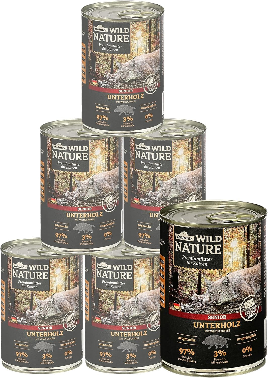 Dehner Wild Nature Katzenfutter Unterholz, Nassfutter getreidefrei / zuckerfrei, für ältere Katzen, Wildschwein, dosis de 6 x 400 g, (2,4 kg)