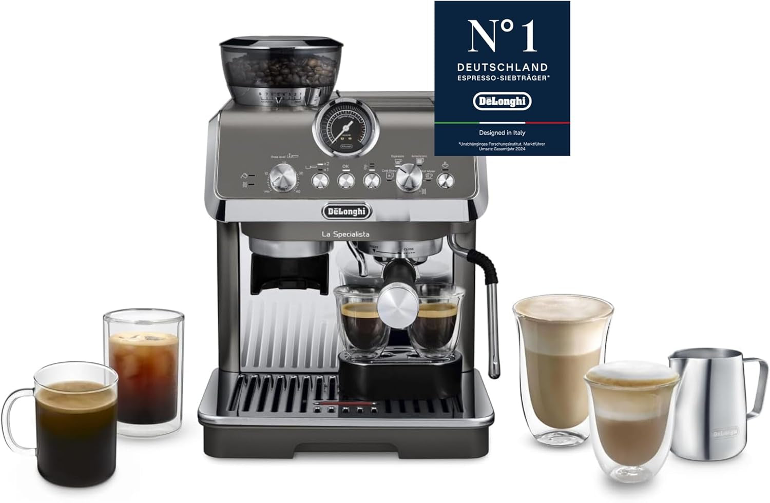 De'Longhi La Specialista Arte EC9155.MB Cafetera espresso con portafiltro y molinillo, 8 niveles de molido, 15 bares de presión, 3 niveles de temperatura, espumador de leche, 1550 W, depósito de 1,7 L, acero inoxidable/negro, incluye kit de barista