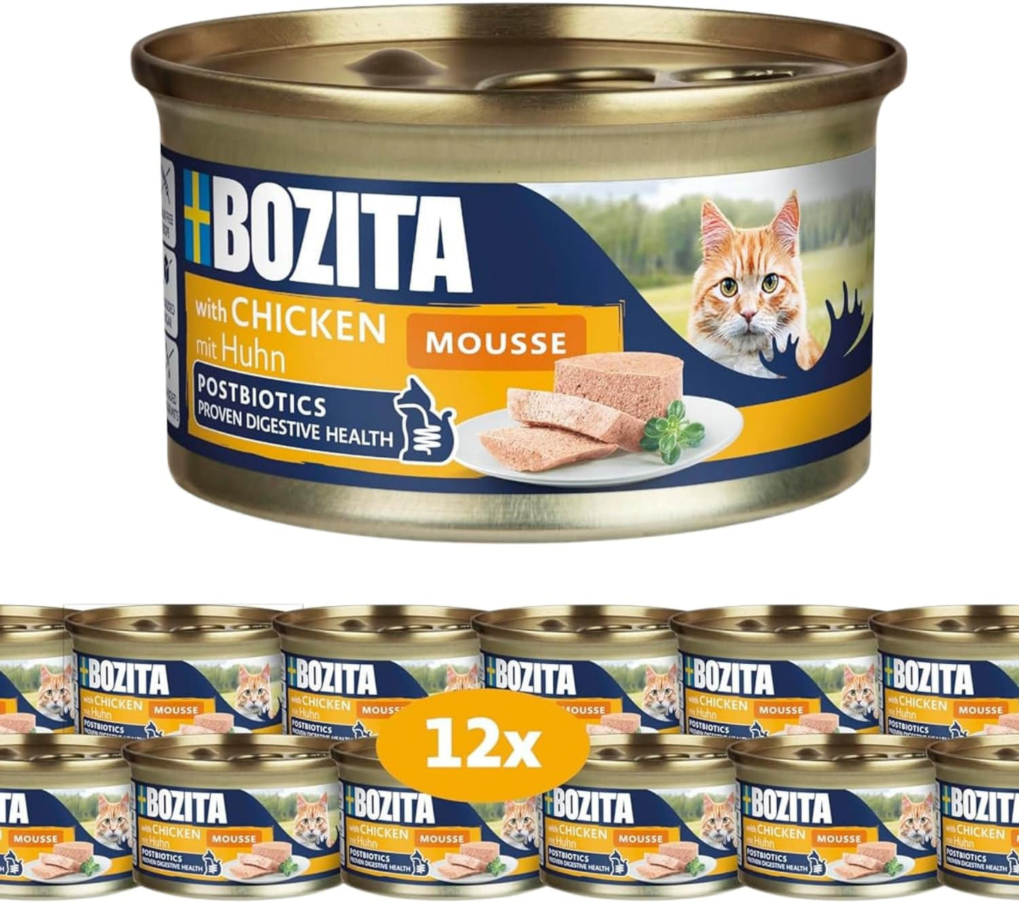 Bozita Mousse Chicken - 12 x 85 g comida húmeda para gatos con una fina textura de mousse y pollo - receta sin cereales, sin azúcares añadidos - con postbióticos para favorecer una flora intestinal saludable