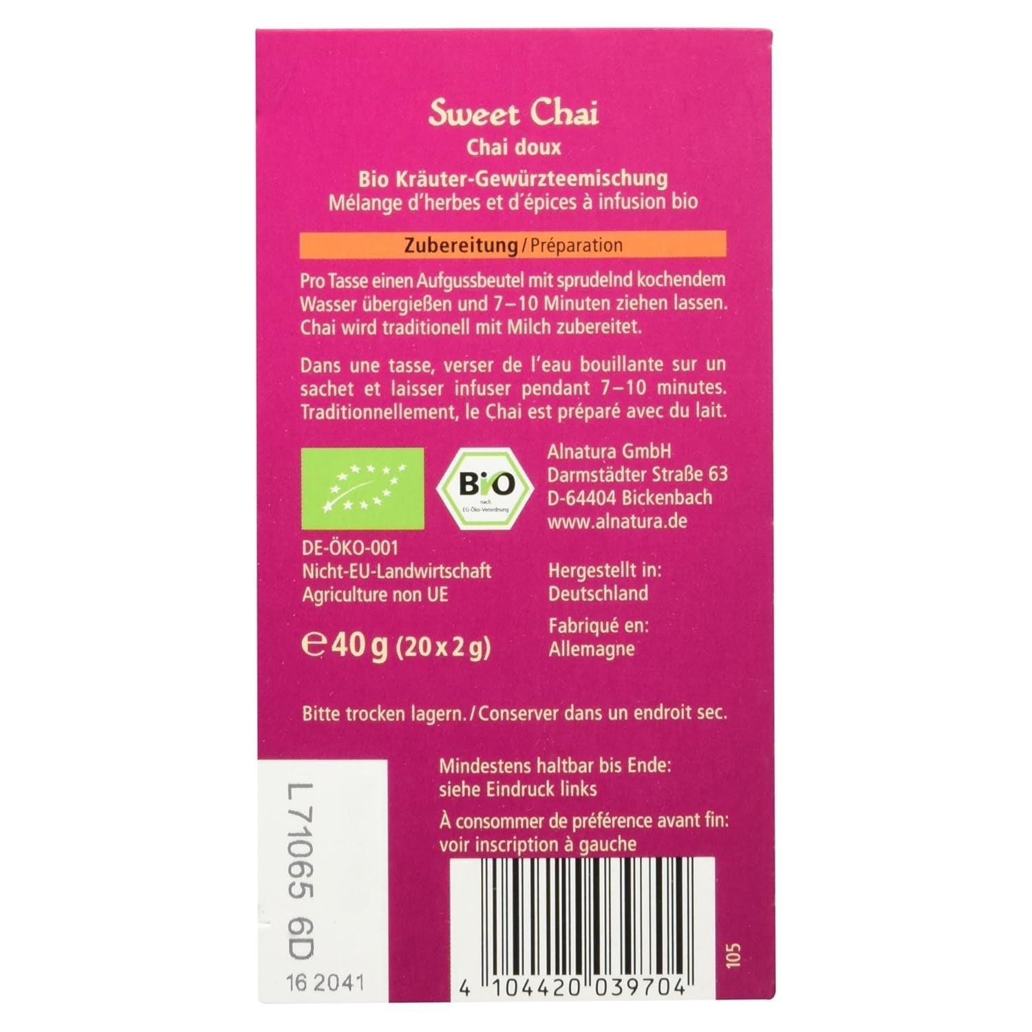 Té orgánico Sweet Chai, 20 bolsitas de té, 40 g (paquete de 3)