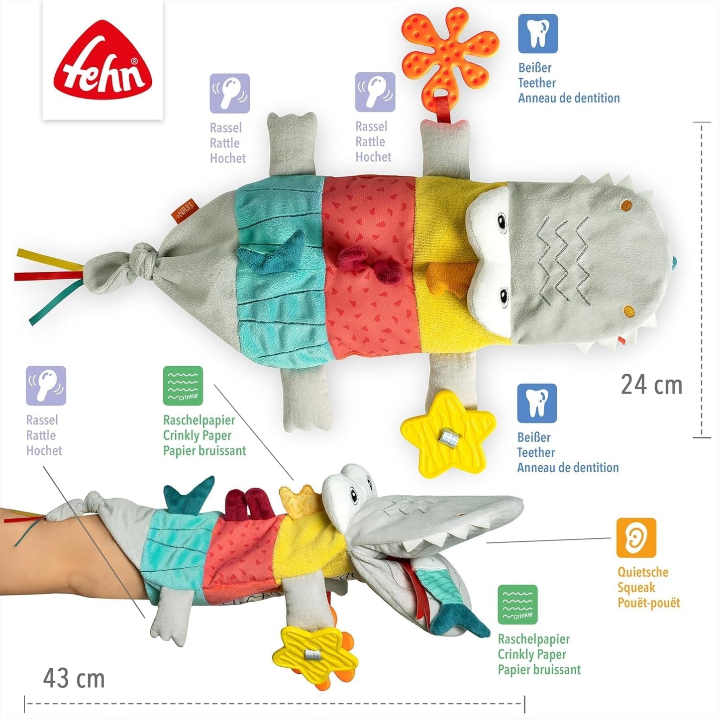Fehn Marioneta de mano para bebé Cocodrilo - Peluche con sonajero, papel crujiente, mordedor y chirriador - Marioneta de mano para bebé - Juguete que hace estallar para bebés y niños pequeños a partir de 6 meses Juguetes para bebés Naty Shop