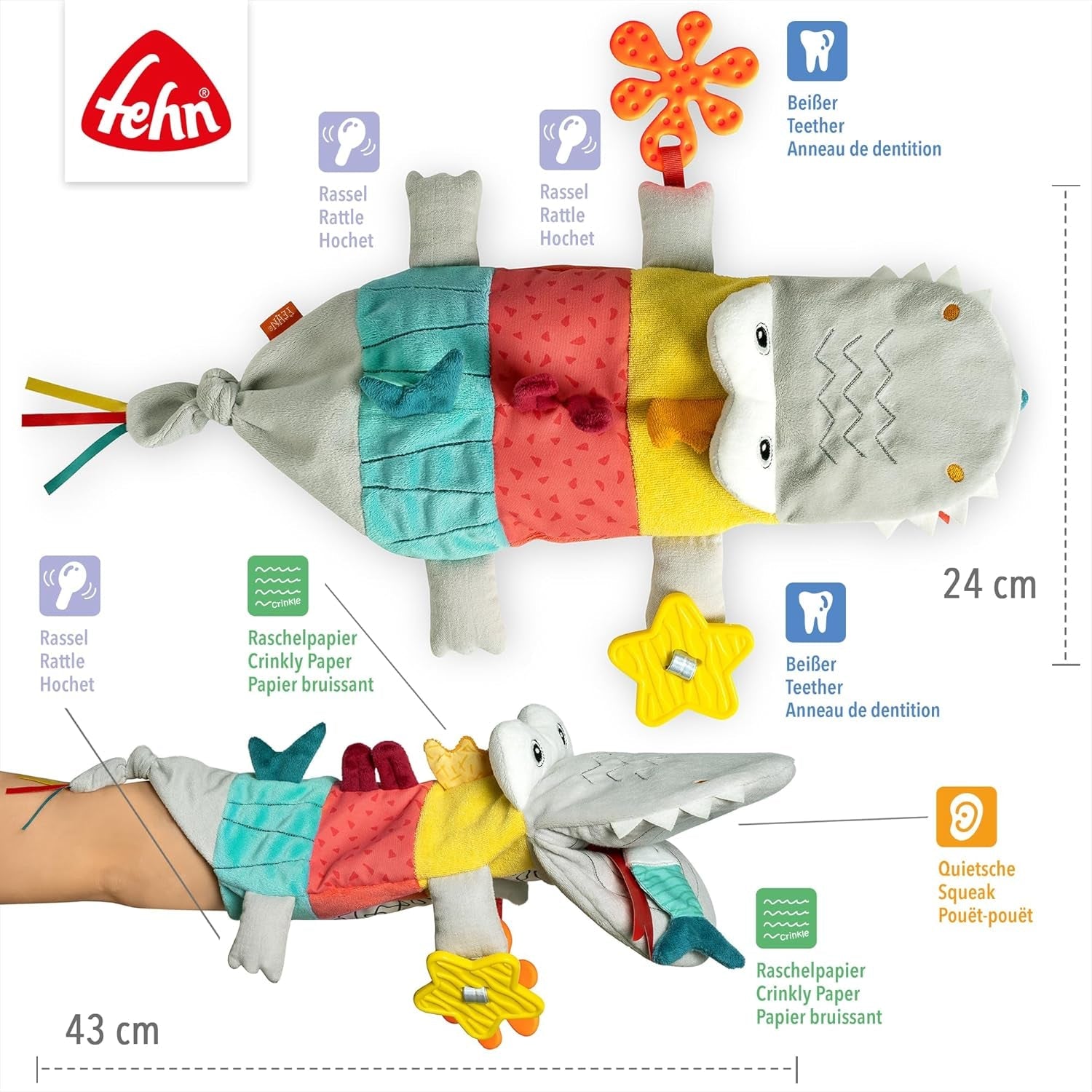 Fehn Marioneta de mano para bebé Cocodrilo - Peluche con sonajero, papel crujiente, mordedor y chirriador - Marioneta de mano para bebé - Juguete que hace estallar para bebés y niños pequeños a partir de 6 meses Juguetes para bebés Naty Shop