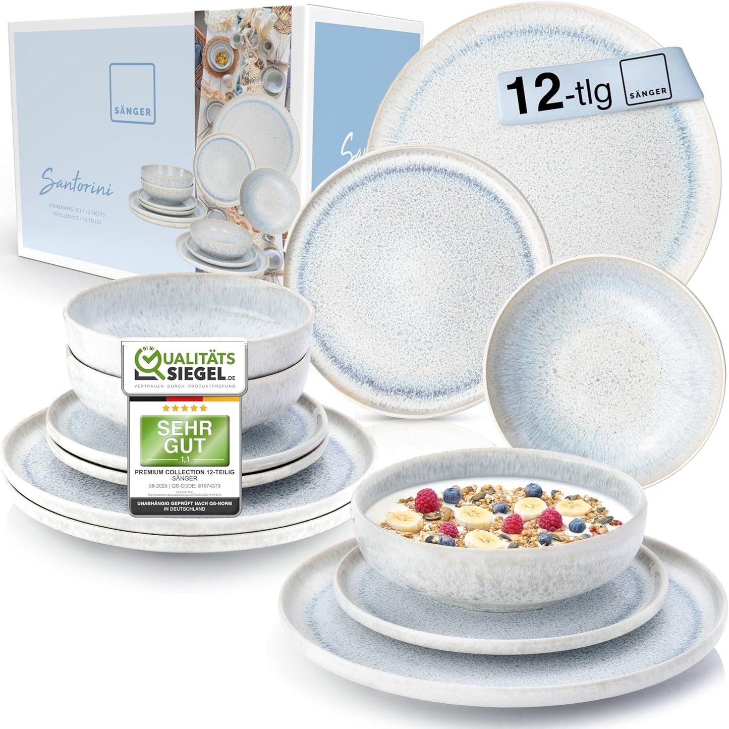 SANGER | Juego de vajilla Santorini de 12 piezas Juego de platos para 4 personas Juego de vajilla de gres con calificación MUY BUENA que incluye platos llanos, platos de postre y platos Suma Crema Lila Azul Degradado | LA COLECCIÓN PREMIUM