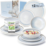 SANGER | Juego de vajilla Santorini de 12 piezas Juego de platos para 4 personas Juego de vajilla de gres con calificación MUY BUENA que incluye platos llanos, platos de postre y platos Suma Crema Lila Azul Degradado | LA COLECCIÓN PREMIUM