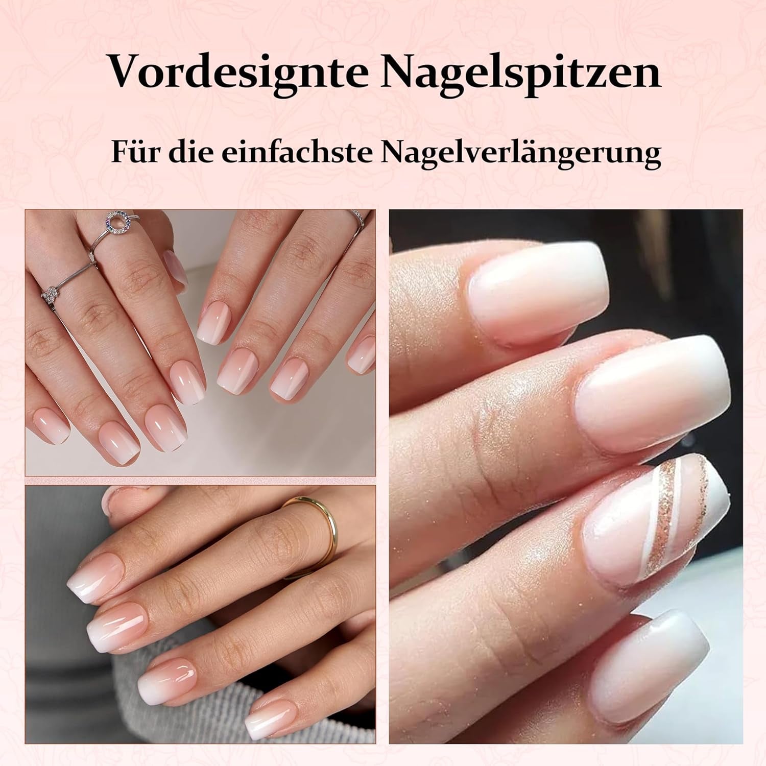 Juego de 240 uñas cuadradas degradadas, uñas artificiales degradadas blancas desnudas para pegamento de pluma de aceite, uñas postizas naturales degradadas medias para mujeres DIY (cuadradas desnudas)
