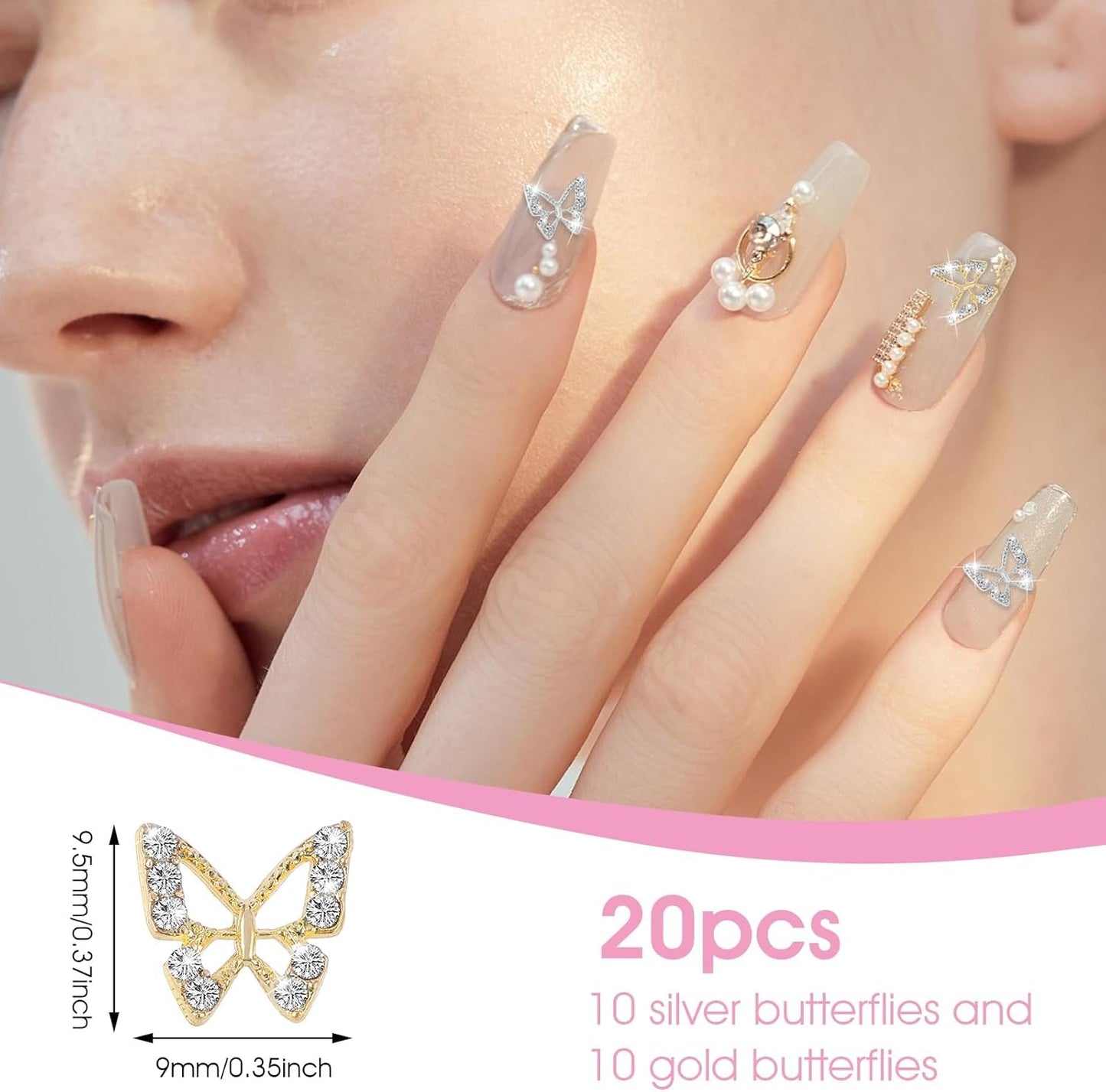 20 piezas de dijes de uñas de mariposa con purpurina, diamantes de imitación para decoración de uñas, piedras para uñas, arte de uñas de mariposa, diamantes de imitación, dijes de uñas para el día de San Valentín, decoración de caja de teléfono móvil DIY