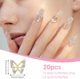 20 piezas de dijes de uñas de mariposa con purpurina, diamantes de imitación para decoración de uñas, piedras para uñas, arte de uñas de mariposa, diamantes de imitación, dijes de uñas para el día de San Valentín, decoración de caja de teléfono móvil DIY