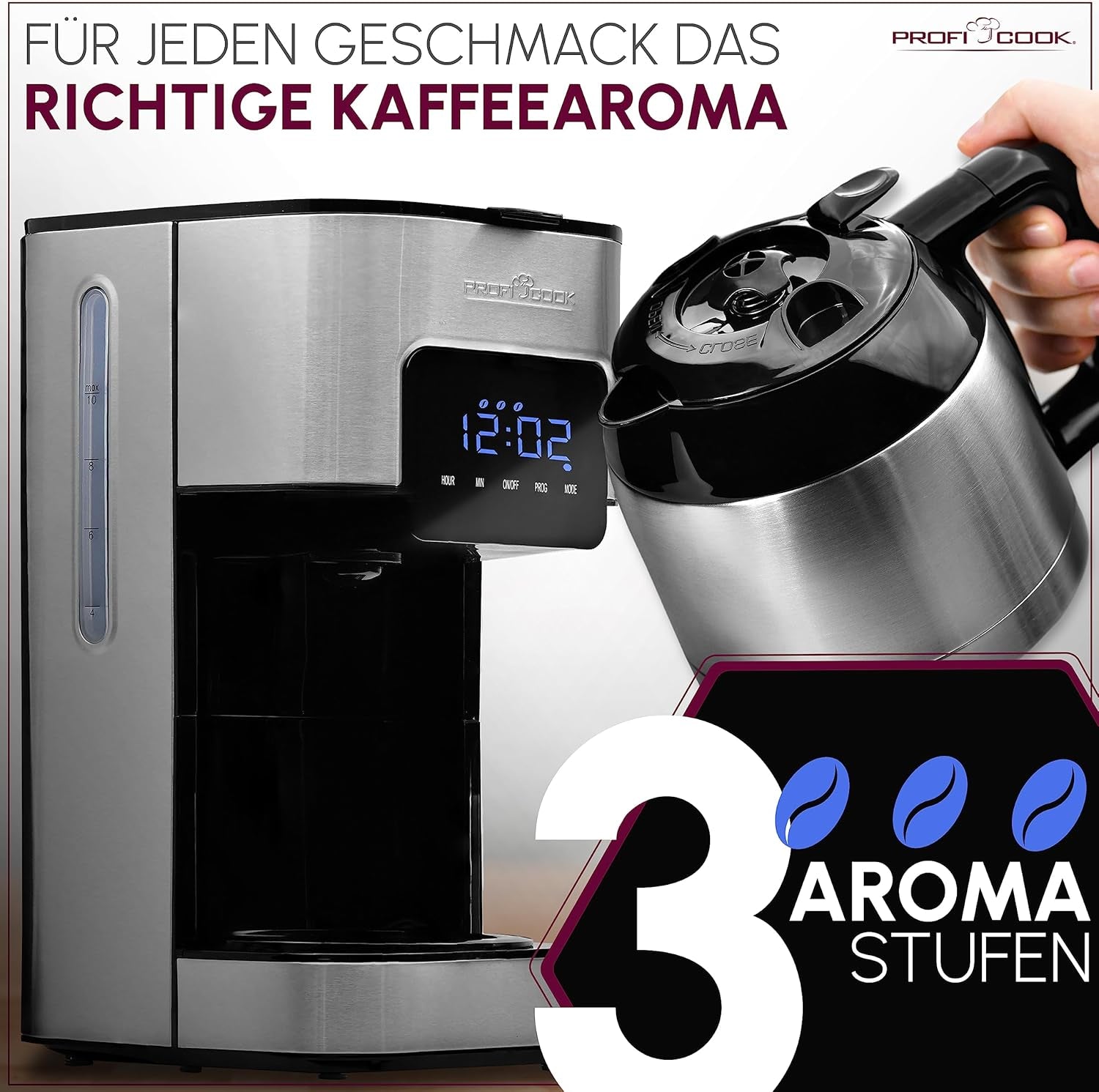 Cafetera Profi Cook | 8-10 tazas | Temporizador | Controles táctiles con sensores | Jarra Termo de Doble Pared de 1,2 Litros | Sello de sabor | Cafetera de filtro de acero inoxidable | PC-KA 1191