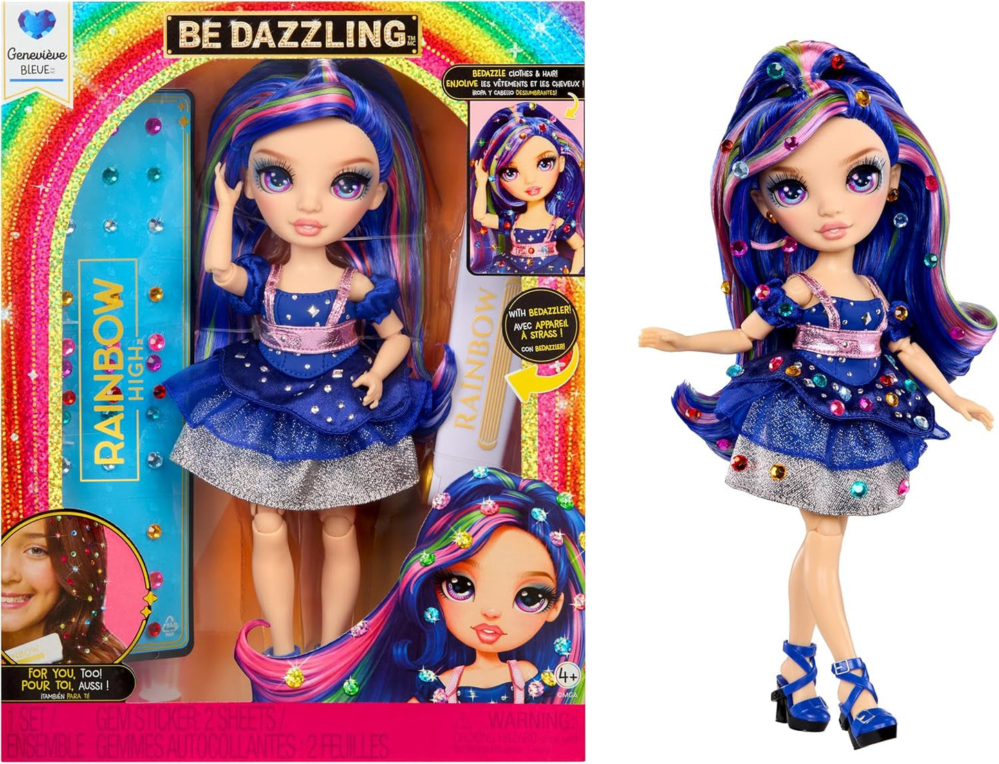 Rainbow High Be Dazzling - Genevieve Bleue - Muñeca de moda azul de 28 cm con herramienta de adorno, piedras preciosas brillantes y accesorios de peinado