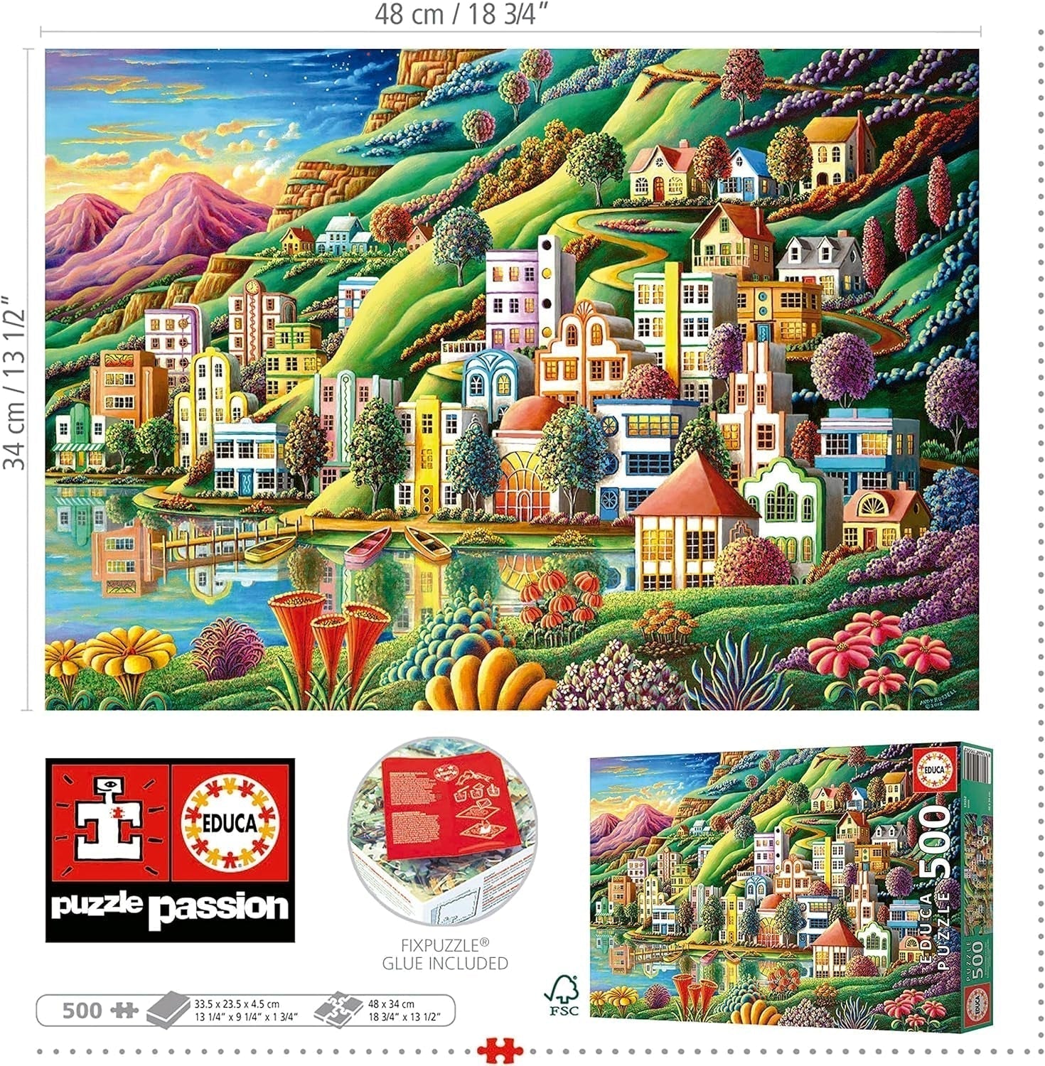 Educa - Puzzle 500 piezas para adultos | Pueblo colorido junto al lago, puzzle de 500 piezas para adultos y niños a partir de 11 años, puzzle de paisajes, ilustración (19552) Puzzle Naty Shop