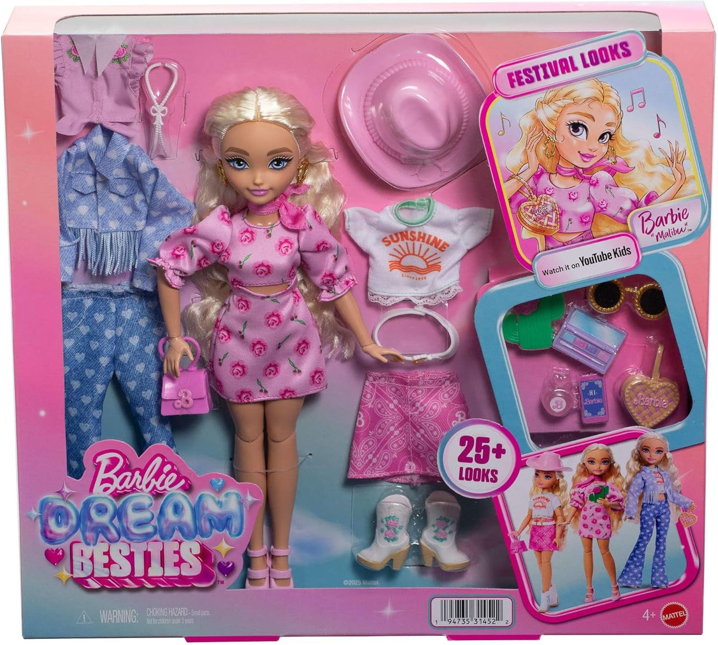 Conjunto de looks Barbie Dream Besties Festival, con muñeca Barbie Malibu con cabello largo y rubio para peinar y más de 10 prendas y accesorios removibles, JGH87