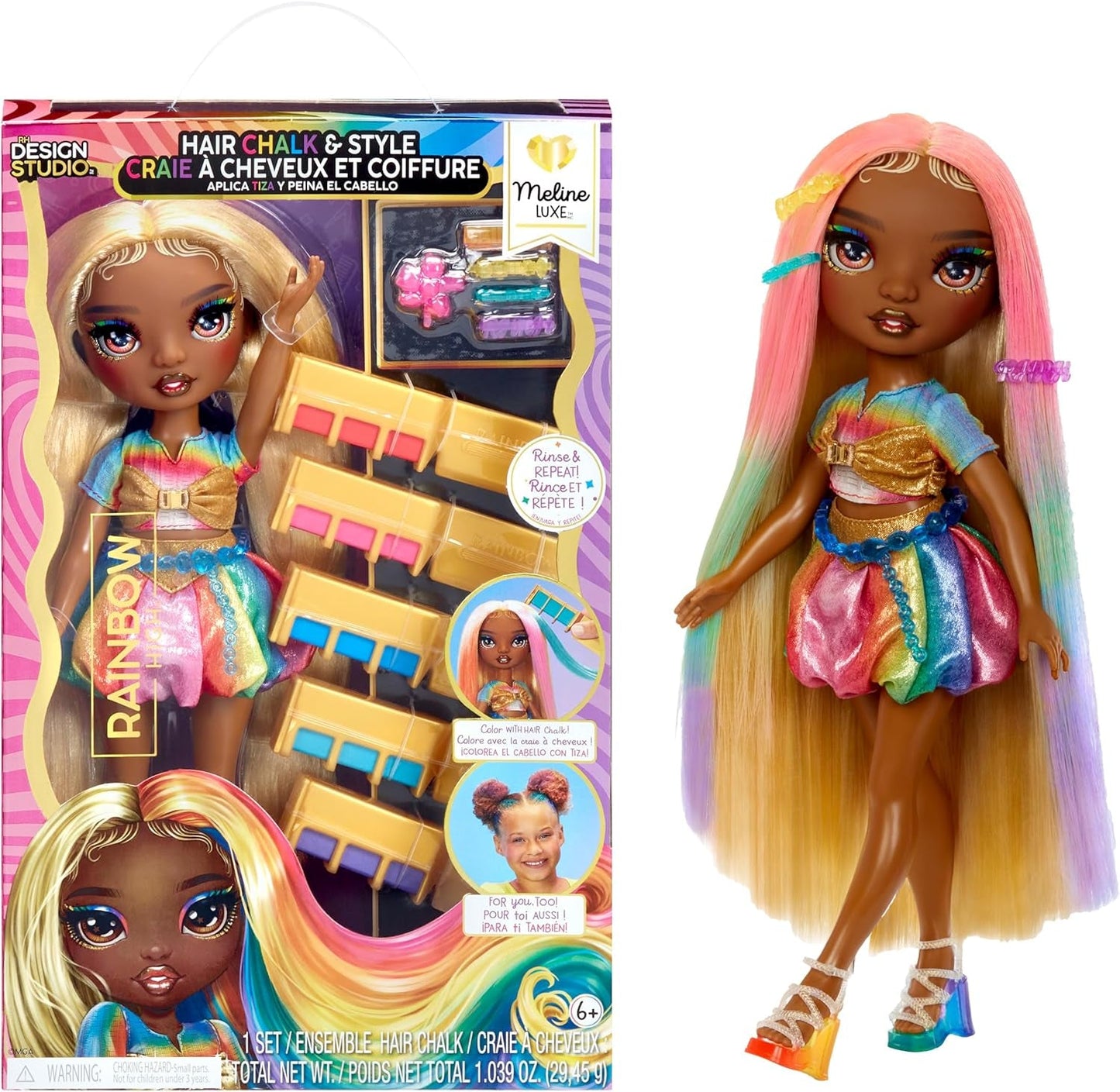 Muñeca Rainbow High Hair Chalk & Styling - Meline - Muñeca de 28 cm con tiza para el cabello lavable arco iris y oro, colorear, peinar, jugar, enjuagar y repetir, para niños de 4 a 12 años