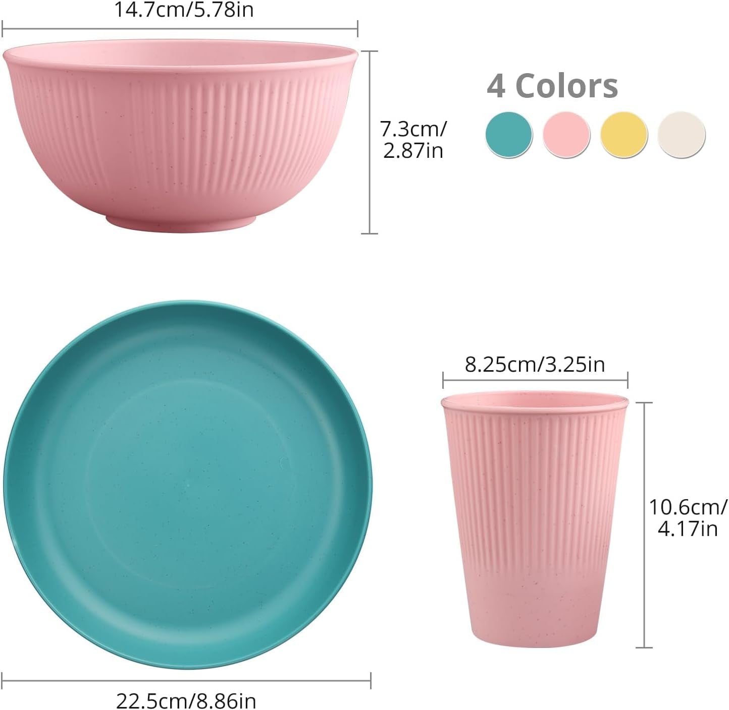 Tanice Juego de vajilla de plástico de 12 piezas, platos y tazones, juego de vajilla para niños para 4 personas, juego de vajilla de plástico con platos, tazones y tazas para cocina, camping al aire libre