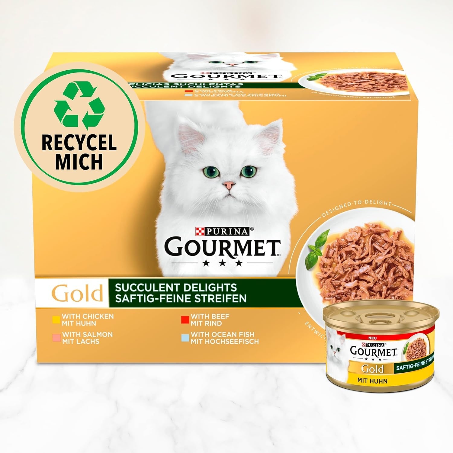 Gourmet Gold Succulent Fine Strips, comida húmeda para gatos con pollo, paquete de 12 (12 x 85 g)