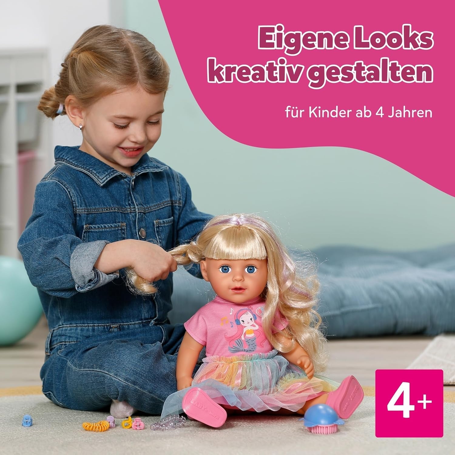 BABY born Carla - Muñeca 43 cm - Pelo rubio con mechones de gran calidad - No necesita pilas - Apta para niños a partir de 4 años - Incluye 7 accesorios, rosa