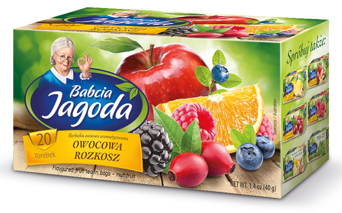 Babcia Jagoda - Té de frutas "Fruchtige Verführung" - 20 bolsitas de té - Con hibisco, manzana, chokeberry, mora, escaramujo, piel de naranja - Intenso sabor a fruta, sin cafeína, vegano, natural, Cay - 40G