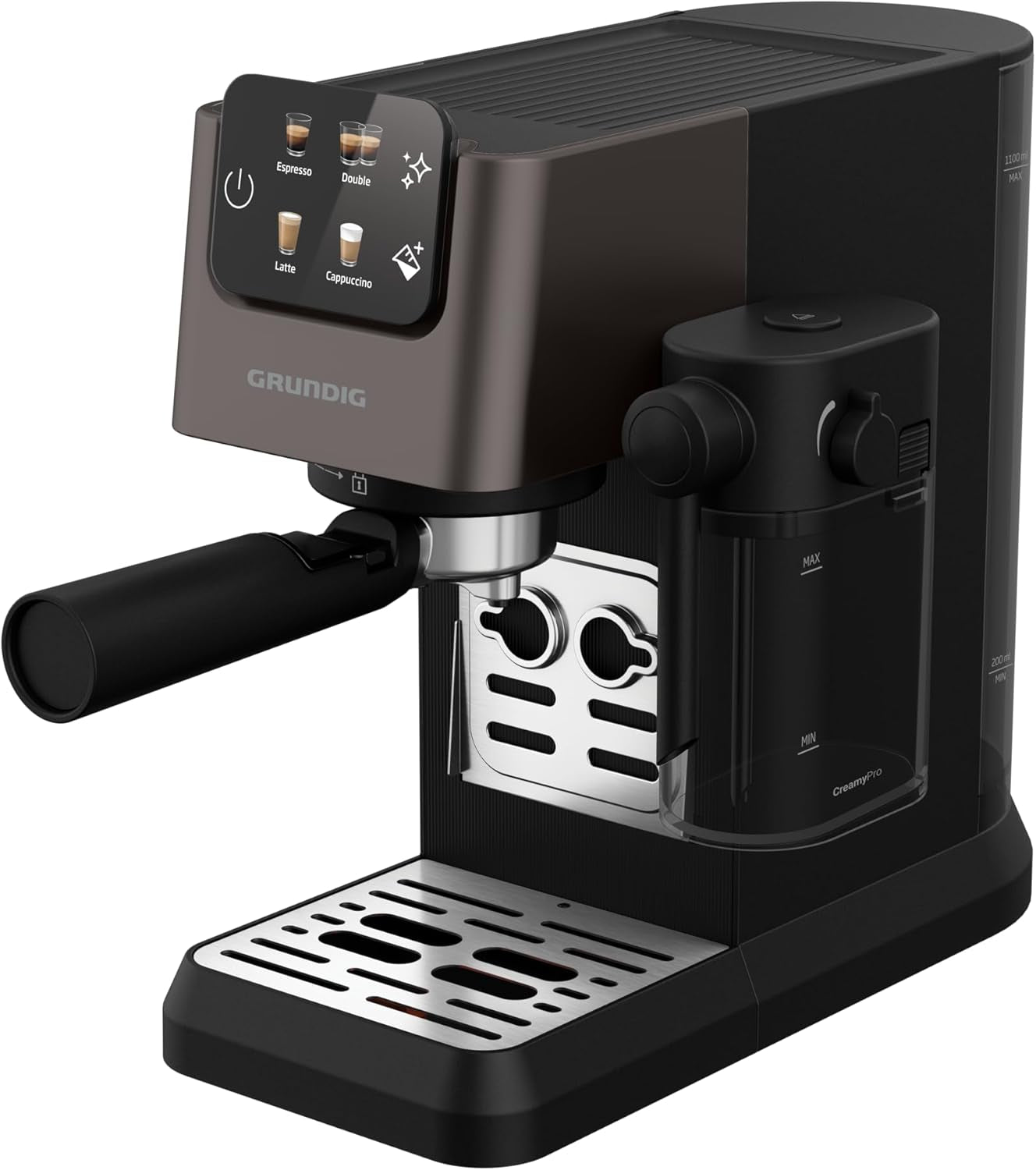 Cafetera espresso con portafiltro GRUNDIG KSM 5330 con depósito de leche integrado, potencia 1628 W, presión de bomba 15 bar, doble boquilla, pantalla táctil a color, BrewSense, CreamyPro, Acero inoxidable oscuro/Negro