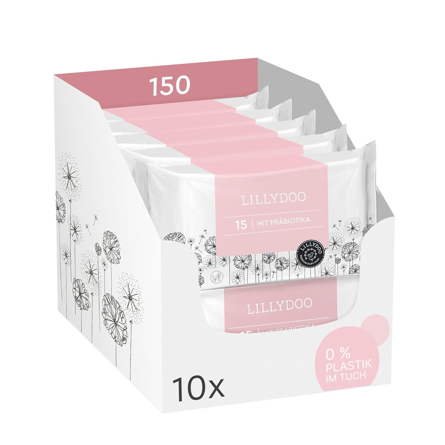 LILLYDOO Toallitas húmedas verdes, 600 unidades (10 x 60), toallitas 100 % libres de plástico, resistentes a desgarros, sin fragancia, suave y natural, limpieza suave para pieles sensibles, dermatológicamente probadas