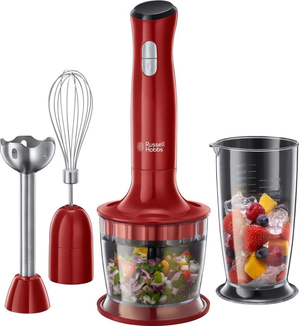 Russell Hobbs Batidora con base [3 en 1: Pürierstab/Zerkleinerer, Mixer- & Schneebesenaufsatz] Desire Rot (sin Bpa y Spülmaschinenfestes Zubehör, Für Smoothie, Suppen Saucen, Joghurt Babynahrung) 24700-56 Kitchen Naty Shop Rot Mittel