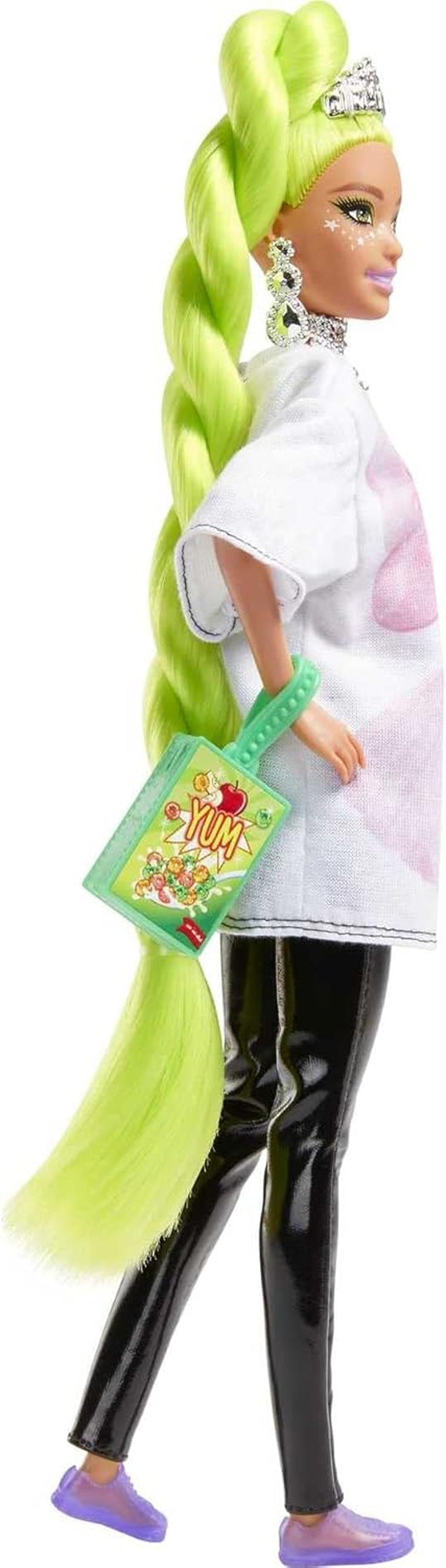 Barbie HDJ44 - Extra Puppe #11 con camiseta y calzas súper grandes con papas Haustier, cabello y ropa de color neón en más idiomas, gel flexible, juegos para niños de 3 años